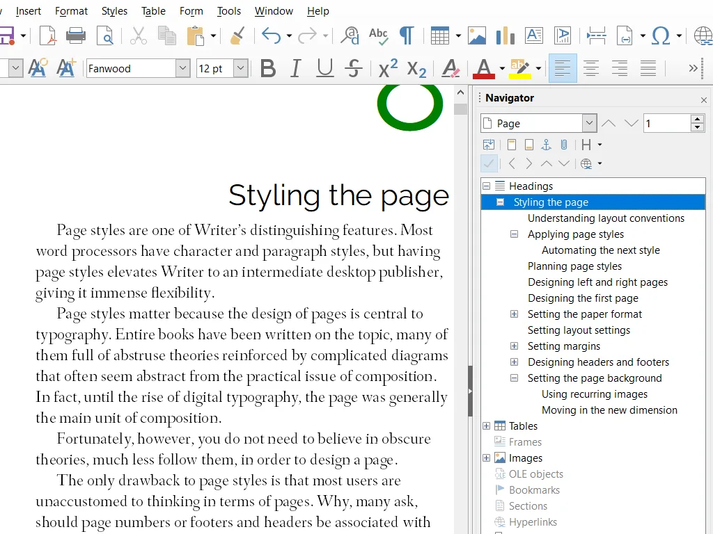 LibreOffice Writer 文档编辑与导航器界面