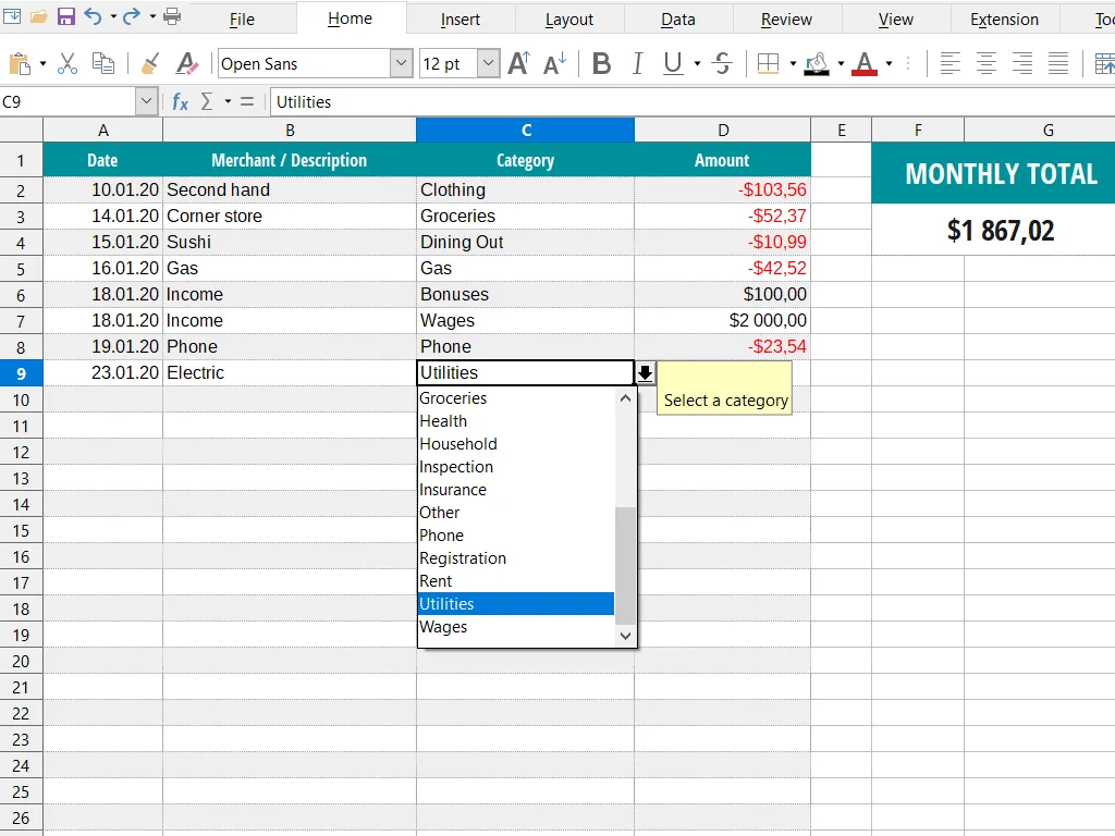 LibreOffice Calc 表格编辑与数据验证界面