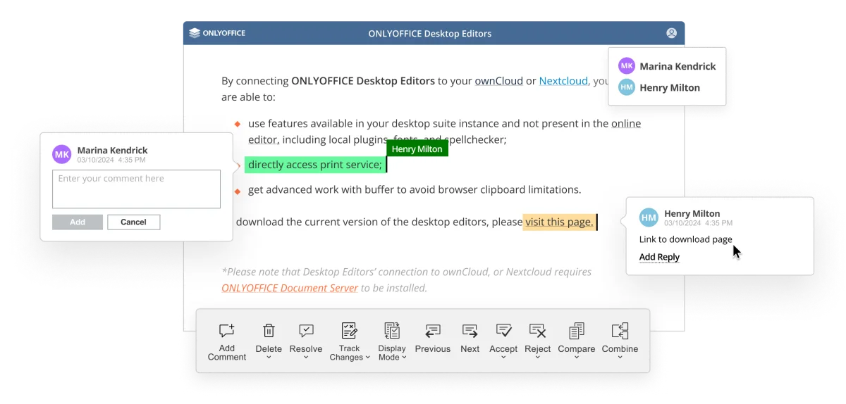 ONLYOFFICE Desktop Editors 批注和修订协作功能界面
