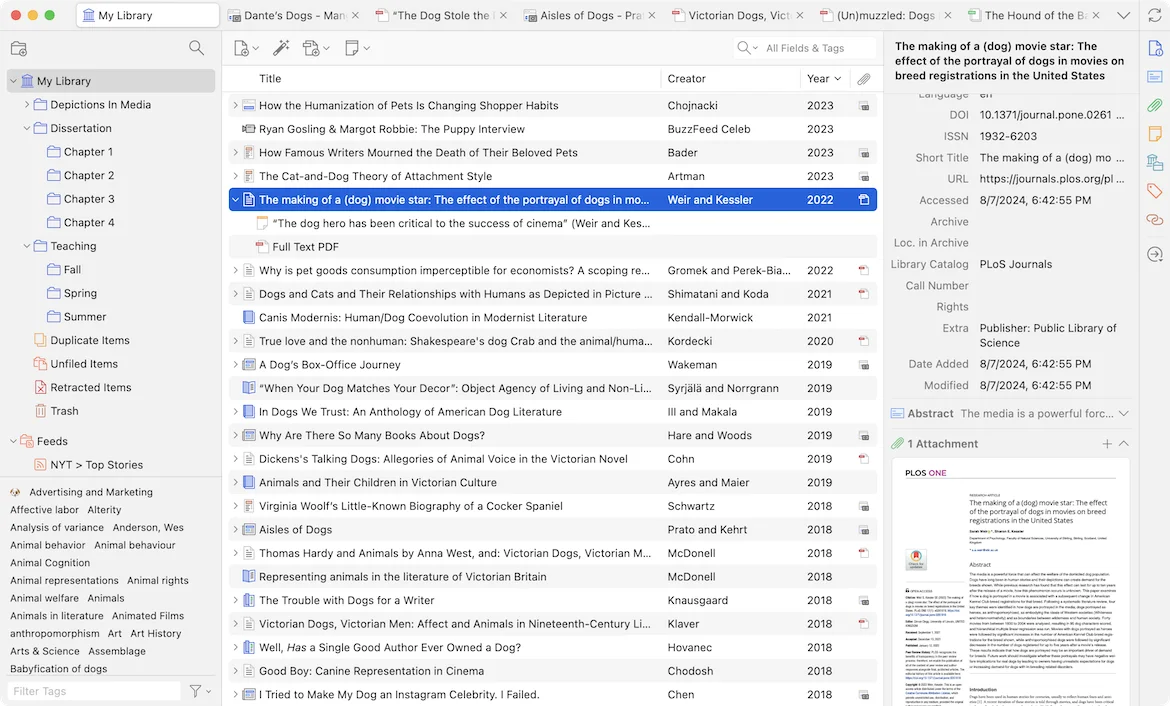 Zotero 资料库中的分类、文献列表、条目信息和 PDF 预览界面