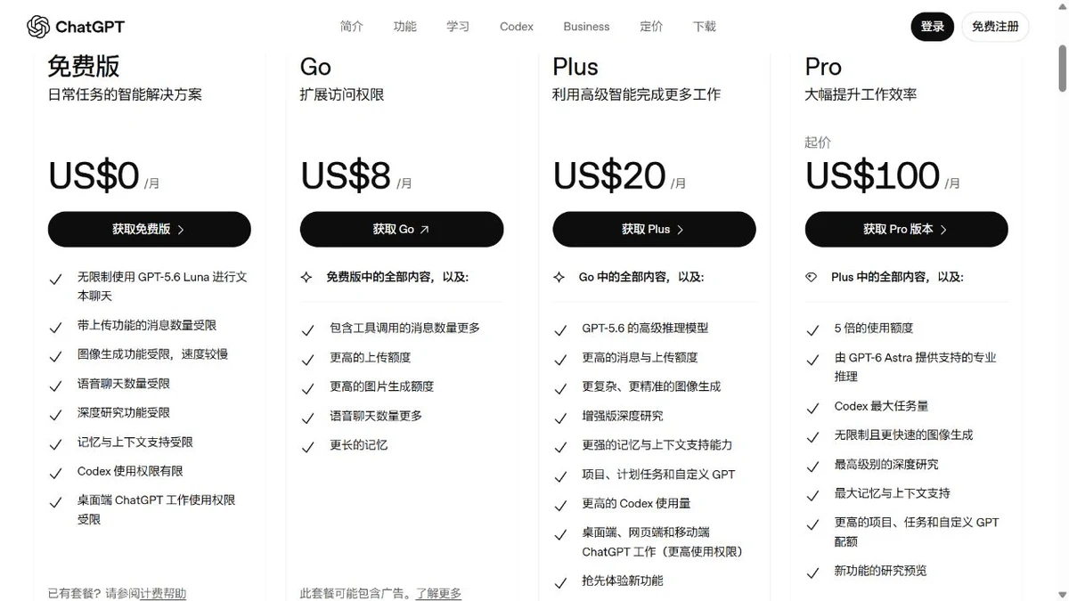 ChatGPT 官方定价页面展示免费版与付费套餐的功能差异