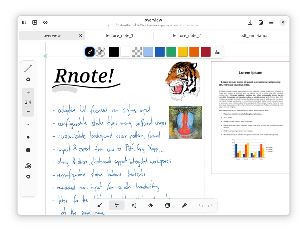 Rnote 官方概览截图,画布中同时展示手写笔记、图片和导入的 PDF 页面