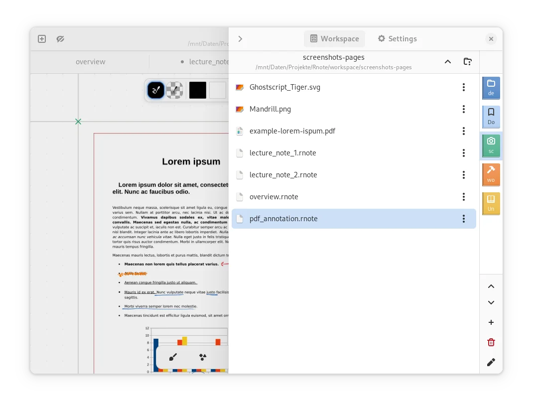 Rnote 官方工作区截图,右侧面板列出 PDF、图片和多个 Rnote 文档