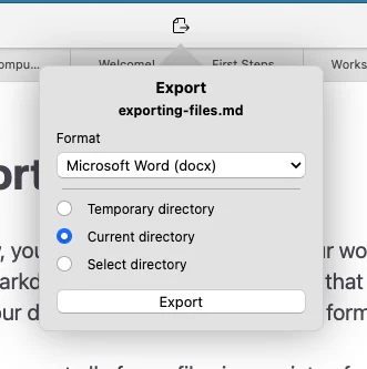 Zettlr 官方导出菜单截图,展示 Microsoft Word 格式和导出位置选项