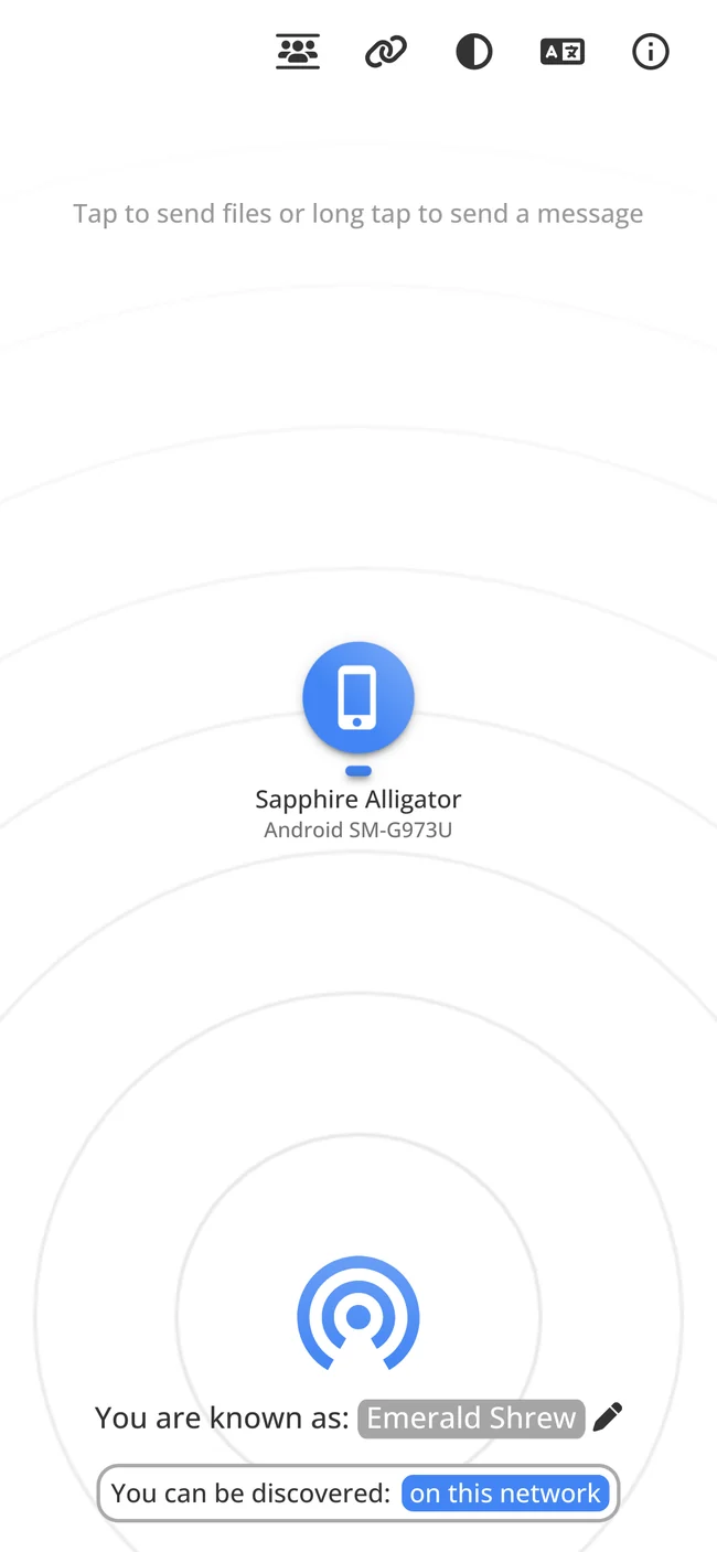 PairDrop 官方移动界面截图,展示同一网络中的可发现设备