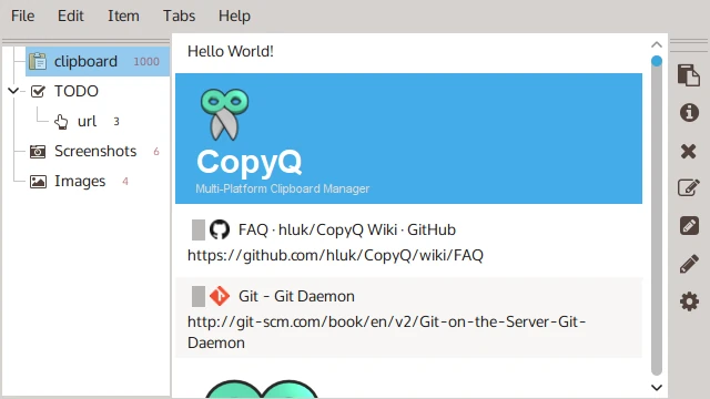 CopyQ 官方截图,主窗口按标签页显示可搜索的剪贴板历史
