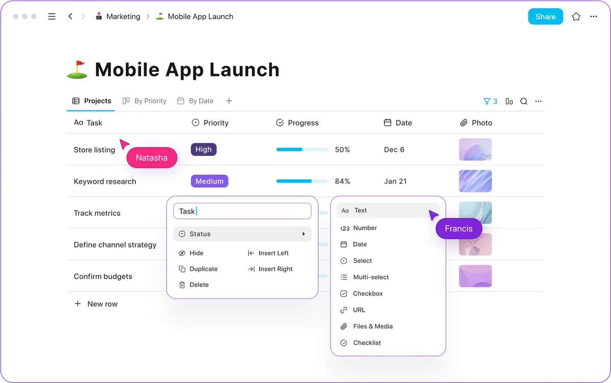 AppFlowy 官方截图,项目数据库以表格展示优先级、进度、日期和附件