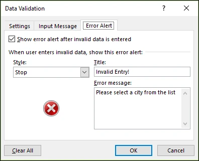 Excel 数据验证错误警报选项中的停止样式设置