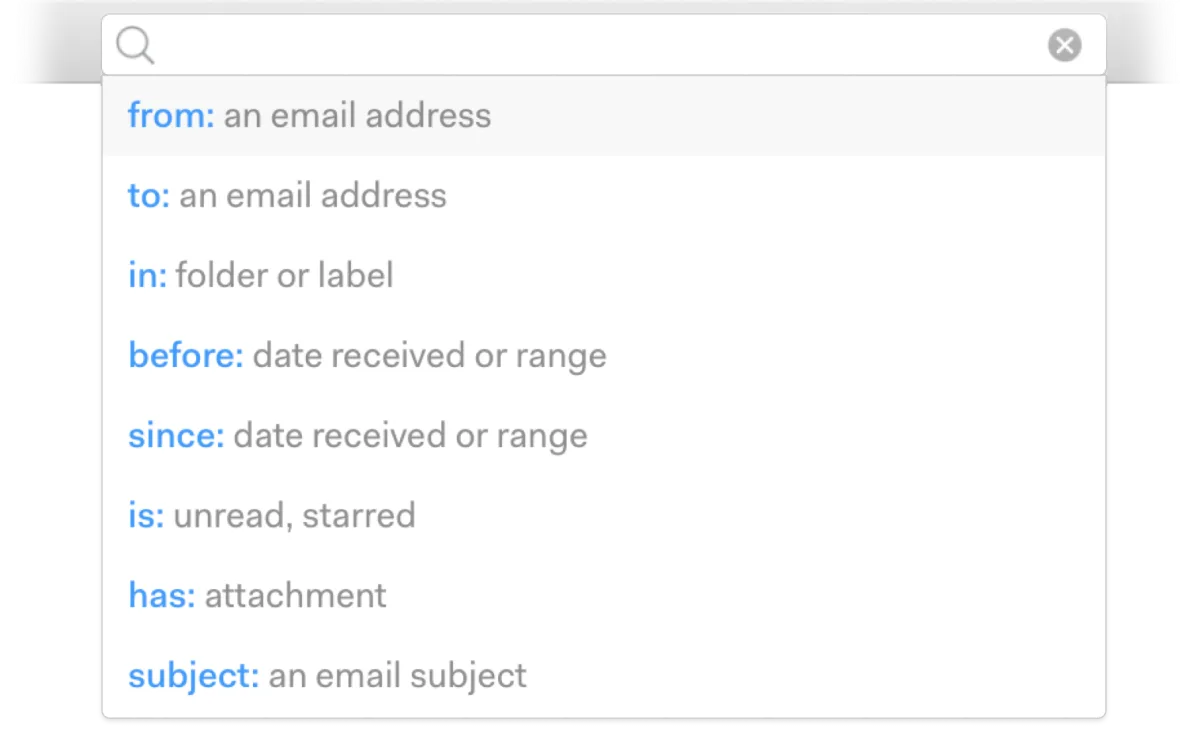 Mailspring 官方截图,搜索界面可按条件筛选邮件内容