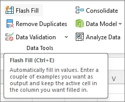 Excel 数据选项卡数据工具组中的快速填充按钮
