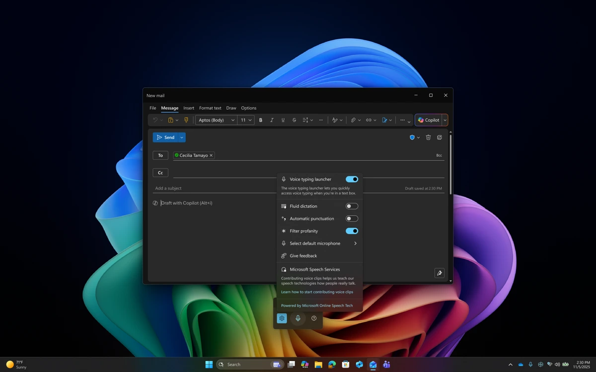 Windows 邮件编辑窗口中打开语音键入设置面板的官方界面